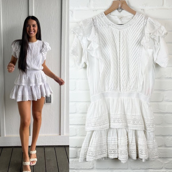 Maia Bergman Mery Mini Dress Eyelet lace Cotton flutter sleeves White Large - Picture 1 of 14